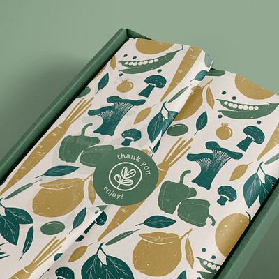 Harvest Mailer Materials branding carots harvest health herbs lemon mailer box mushroom peas peppers root vegetables tissue paper vegetable whole foods
