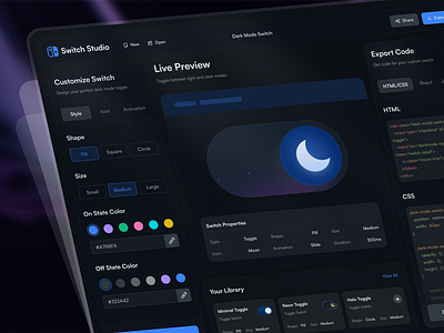 Switch Studio — Dark Mode Toggle Generator creation tool custom toggle daily ui dark mode dark mode design dashboard design tool minimal design no code tools product design saas saas design switch creator toggle creator toggle ui ui design uiux ux design web app web design