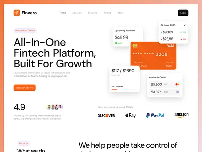Fintech Landing Page | Finvero bankingui dasboarddesign financeapp fintechdesign fintechui graphic design ideapeel landing page landing page design orange orangesaas saas design saasdesign ui userinterface ux uxstrategy webflowtemplate