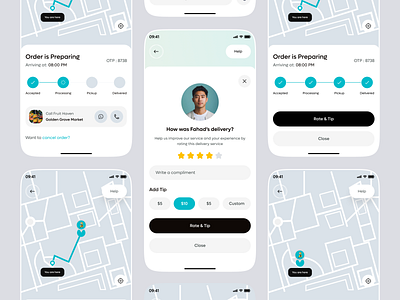 Order Status UI checkout screen delivery delivery flow ux delivery map delivery options delivery service food delivery app ui food delivery mobile app live order map ui map mobile app order order food order place order tracking app order tracking ui purchasing rating and tipping ui real time tracking ui tracking