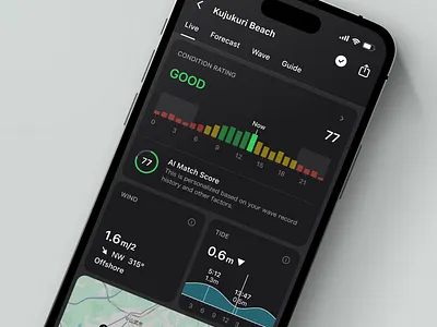 Surf Forecast App | UI/UX ai app app design dark mode design forecast graph rating score ui ui design uiux ux ux design wave weather