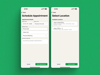 Schedule Appointment Screen - Customer Support App appstore design graphic design mobile app mobile app desing mobile application desing playstore schedule appointment whatsapp