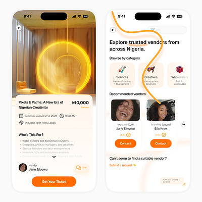 Event Ticketing and Vendor Sourcing ai messaging app inspiration app screen defi inspiration e commerce app event app event details event ticketing illustration light mode design messaging app nft marketplace saas social app vendor list vendor sourcing vendors web3 web3 design web3 social app