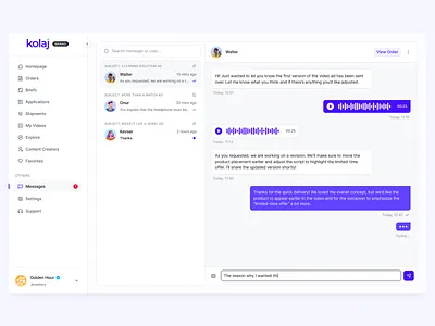 Message UI Design for Kolaj dashboard design figma influencer message product product design saas ui