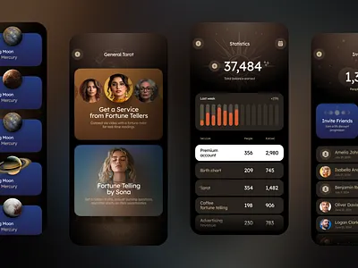 Astrology & Tarot App UI Design app design astrology celestial design daily horoscop dark mode design dribbble inspiration interface ios mental health mobile app mobile interface mobile ui mystic design product design spiritual app spiritual ux tarot tarot reading ui ux