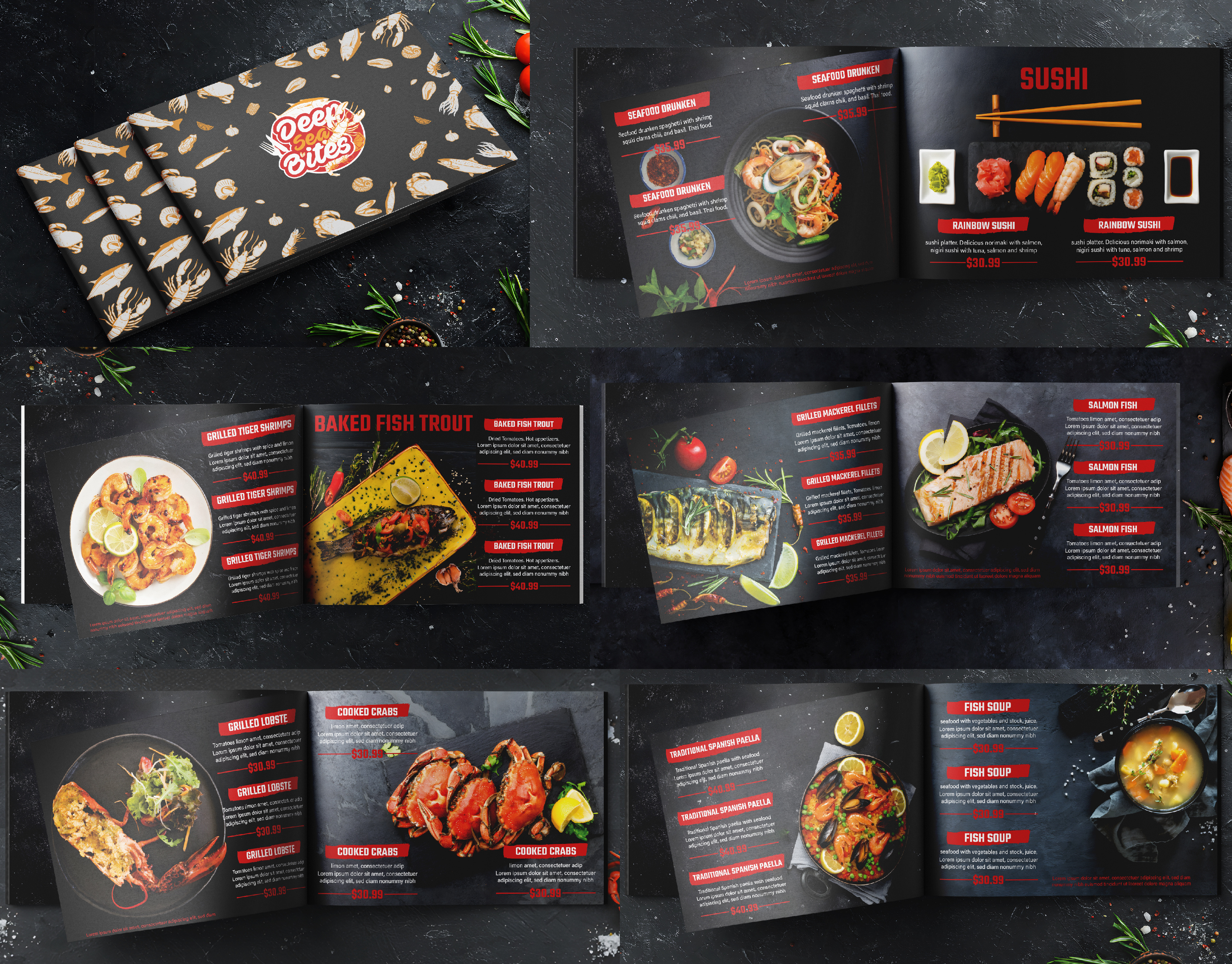 seafood menu design branding fish menu fish menu design food branding design graphic design grilled seafood menu menu design modern seafood menu restaurant menu restaurant menu design seafood menu seafood menu design seafood menu template