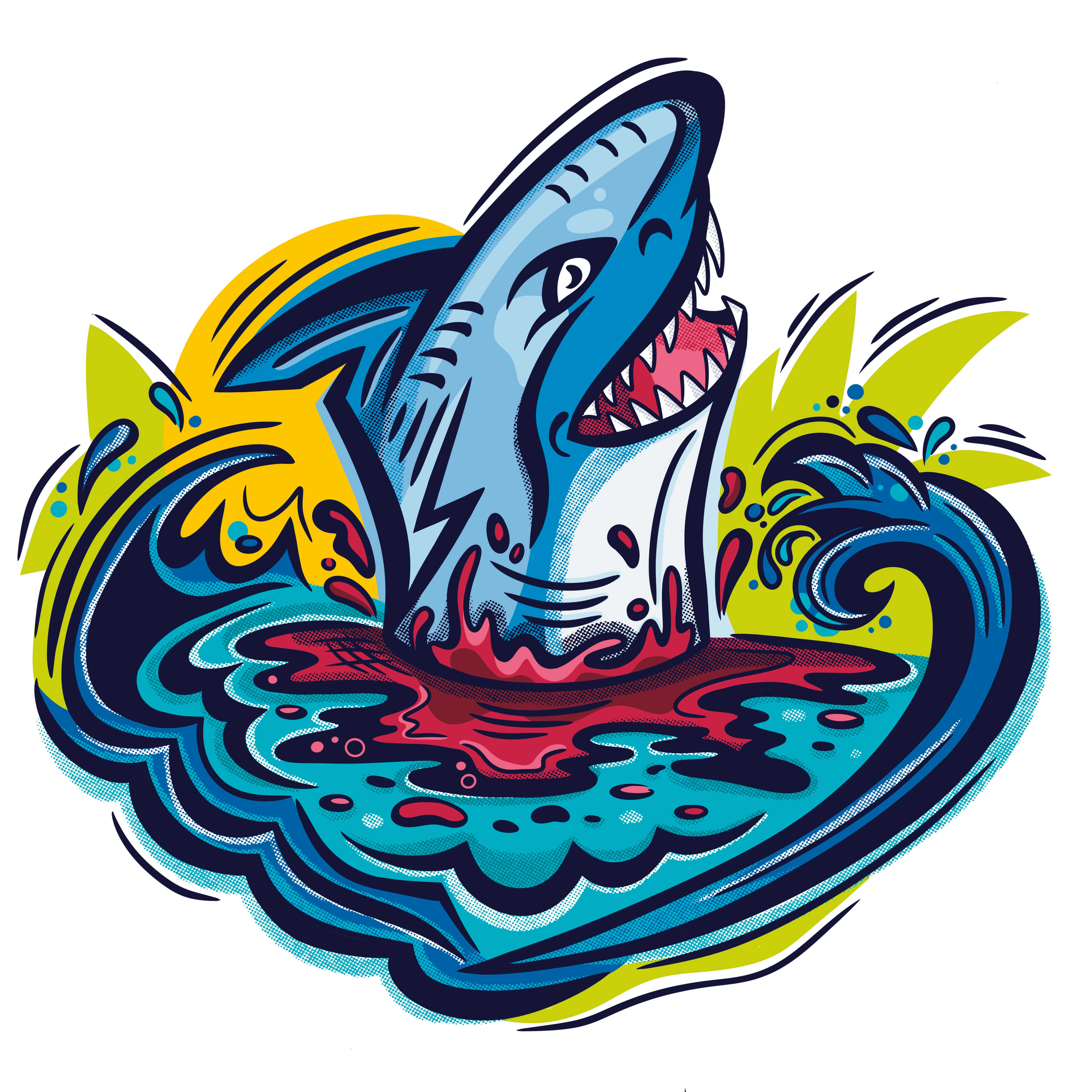Shark Attack Cocktail bar blood cocktail dive bar drink hand drawn illustration illustrator jaws ocean shark shark attack shark drink summer swim teeth textures tropical vibrant waves