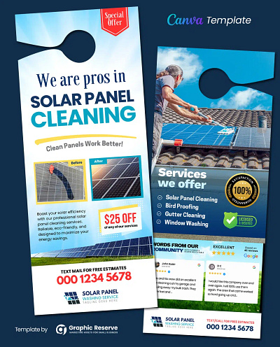 Solar Panel Cleaning Door Hanger Canva Template – Professional canva template cleaning services marketing customizable template door hanger design eco friendly cleaning gutter cleaning home services design local business promo print marketing service flyer solar maintenance solar panel cleaning window washing