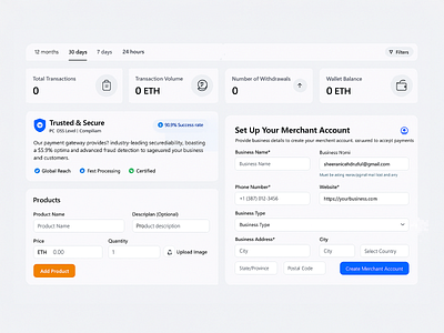 Merchant Account Dashboard and Product Management Interface 3d animation branding business dashboard graphic design interface logo management merchant motion graphics payment payments transaction ui withdrawals