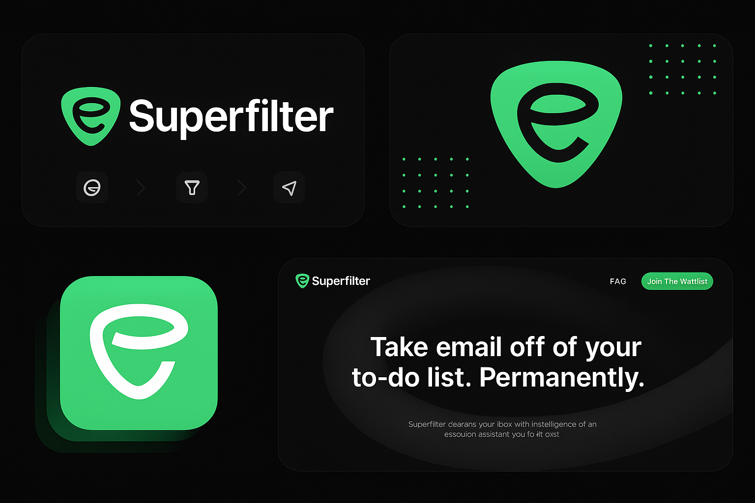 Superfilter – Smart Email Assistant Branding Concept aitechnology branding darkmode emailassistant greenbranding iconography logodesign minimaldesign productivitytool saasbranding startuplogo typography uxui visualidentity webdesign