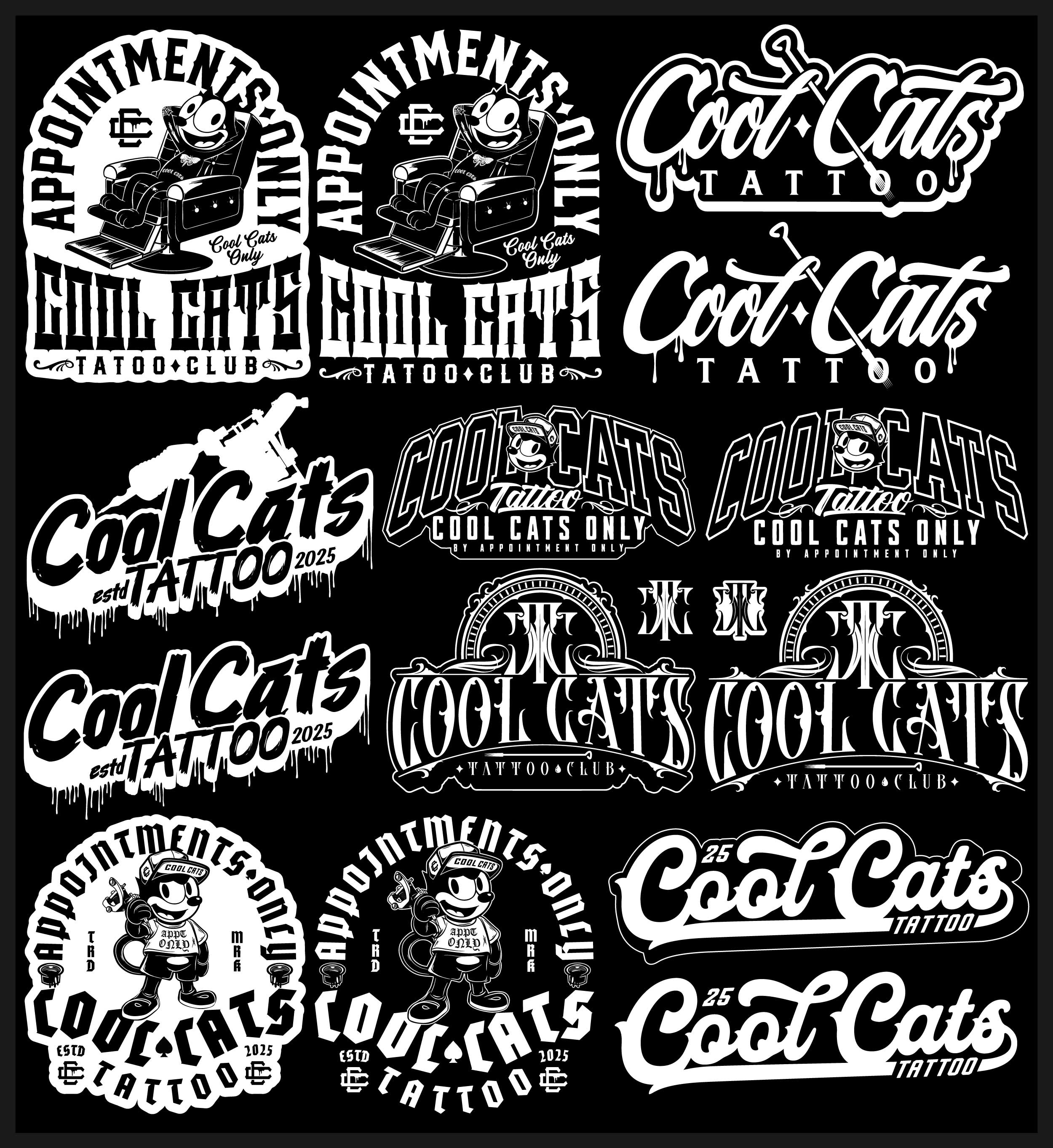 Cool Cats Tattoo - Design Pack apparel design branding branding identity custom lettering graphic design illustration lettering logo logo design logo designer logo mark mascot monogram t shirt design tattoo art tshirt design
