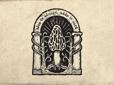 Keep it Secret, Keep it Safe block print botanical doorway dwarf elf forage hand drawn hand lettering illustration linocut lord of the rings lotr medieval morel mushroom printmaking rustic tolkien tree vintage