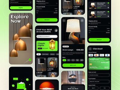 Modern Lamp eCommerce App clean ui dark theme app ecommerce figma figma designer finance lamp store app light store app mobile app ui mobile ui kit mobile ui trends neon green ui shopping app smart home app ui ui inspiration uiux uiux design uiux designer ux