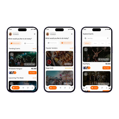 Event Ticketing and Vendor sourcing mobile app event app event app homepage event home page mobile app ticket app ui design ux design vendor sourcing app