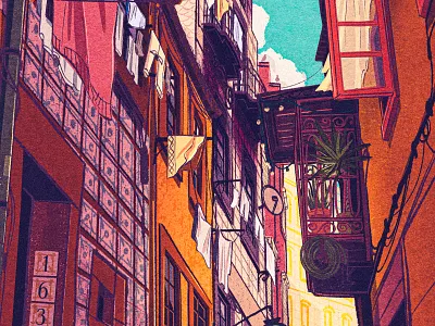 Porto Alleyway 2d alley city cityscape colorful digital painting drawing eu europe exotic illustration landscape leisure lisbon mediterranean porto portugal retro travel vintage