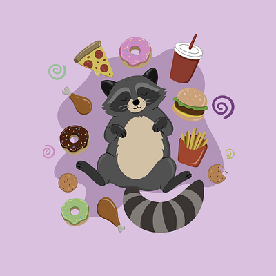 Midnight Feast 80s animal illustration comic creature cute decoration eating flat food funny graphic design illustration junk food lazy mascot poster raccoon retro