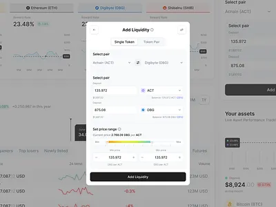 📱 Crypto Mobile App – Add Liquidity Modal add liquidity crypto crypto app dashboard defi dex dex app input liquidity modal platform price price alert price range product design rgrg saas token uiux web app