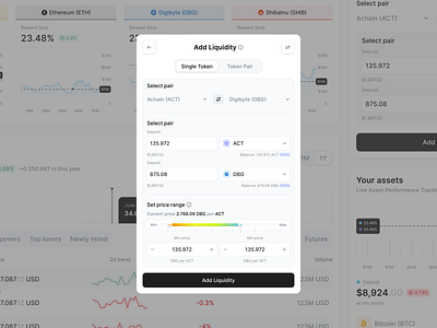 📱 Crypto Mobile App – Add Liquidity Modal add liquidity crypto crypto app dashboard defi dex dex app input liquidity modal platform price price alert price range product design rgrg saas token uiux web app