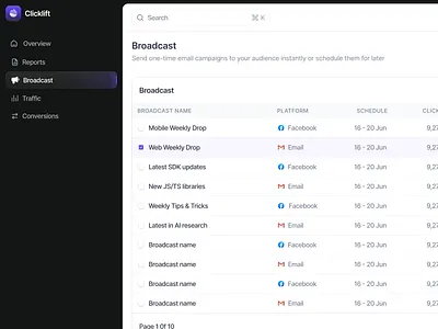 Marketing Dashboard Web App: Broadcast Campaign Management ads analytics broadcast campaign dashboard dashboard table data email emailcampaign gfh marketing marketingdashboard performance product design saas table tableview uiux web app web design