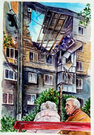 Original Ukrainian War Art – Watercolor Painting Ru ined Apartme art hand painted handmade illustration paint painting ukraine war watercolor