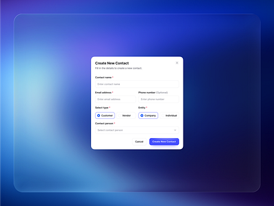 Fintora – Create New Contact Modal UI contactform crm dashboardui design modaldesign productdesign saas ui uiux ux uxdesign webapp