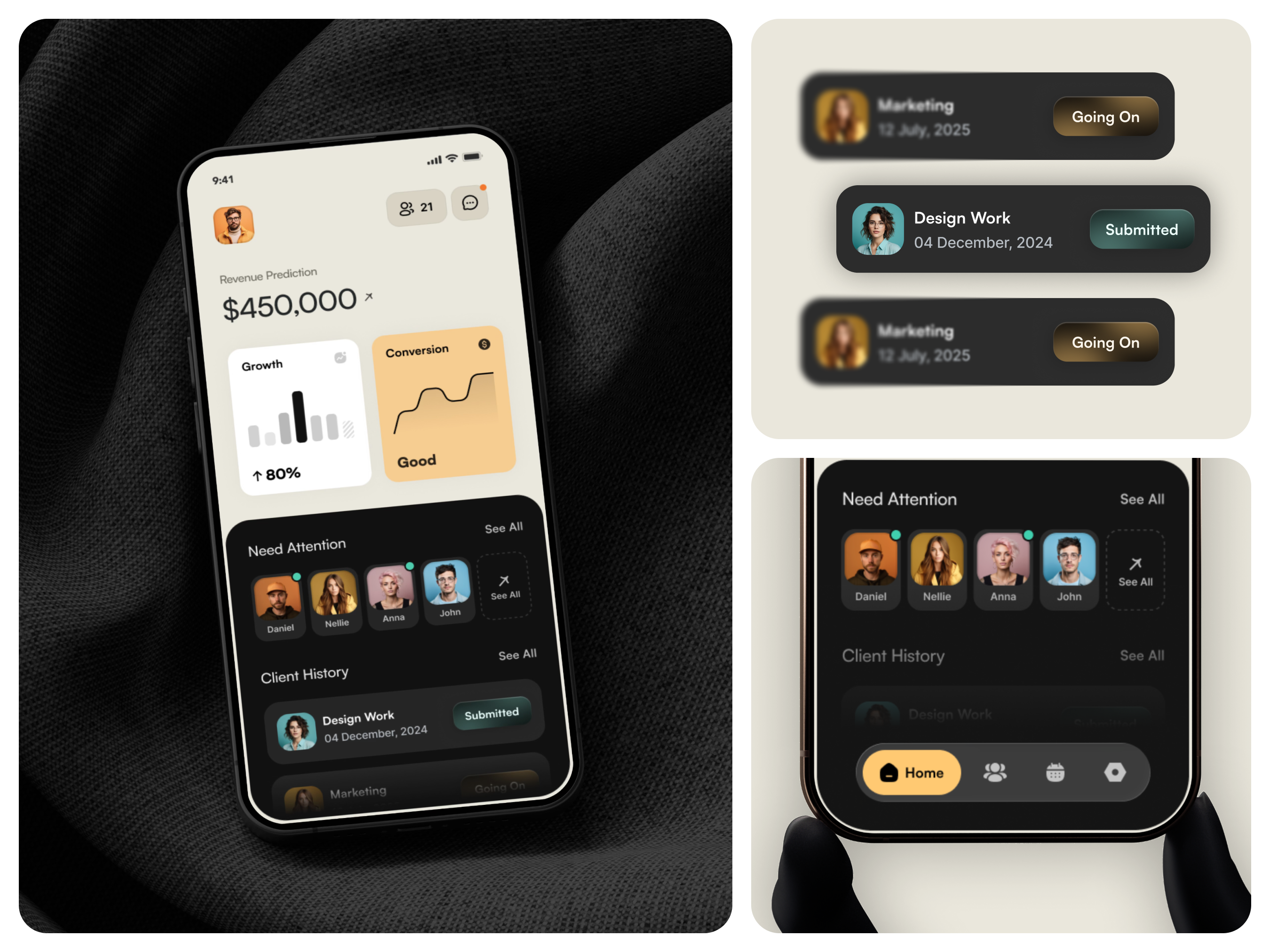 Atlas CRM – Client Management Dashboard app design client management crm dark mode dashboard dashboard mobile finance fintech app management minimal modern mobile pastel colors product design saas saas dark saas minimal soft ui stats task ui team management