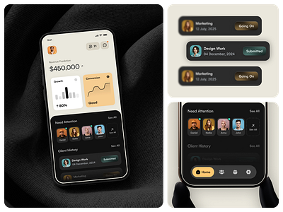 Atlas CRM – Client Management Dashboard app design client management crm dark mode dashboard dashboard mobile finance fintech app management minimal modern mobile pastel colors product design saas saas dark saas minimal soft ui stats task ui team management