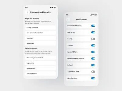 Password, Security and Notification Screen UI/UX app appsettings clean design ecommerceapp mobile app mobileui modern design notification password passwordscreen saas security securityui settings settings screen uidesign uiux uiuxcasestudy