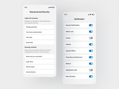 Password, Security and Notification Screen UI/UX app appsettings clean design ecommerceapp mobile app mobileui modern design notification password passwordscreen saas security securityui settings settings screen uidesign uiux uiuxcasestudy