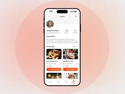 Cookbook - Profile Page Mobile UI cookbookapp cookingapp dishbook foodapp foodieapp mobileappdesign profile page profileui recipeapp uiux userprofile uxdesign