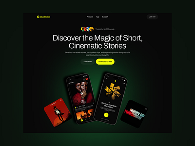 QuickClips – Short Cinematic Stories App Landing Page clips clipsapp clipswebsite creativelandingpage darktheme darkui darkwebsite landingpage landingpagedesign modernweb movies movieswebsite quickclips storytellingapp uiux uxdesign web website webuidesign