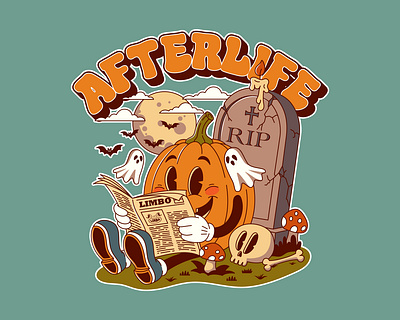 Afterlife afterlife art cartoon cartoon pumpkin character design characterdesign characters cute art cute illustration cute pumpkin graveyard halloween illustration merch pumpkin reading retro t shirt t shirt design vintage