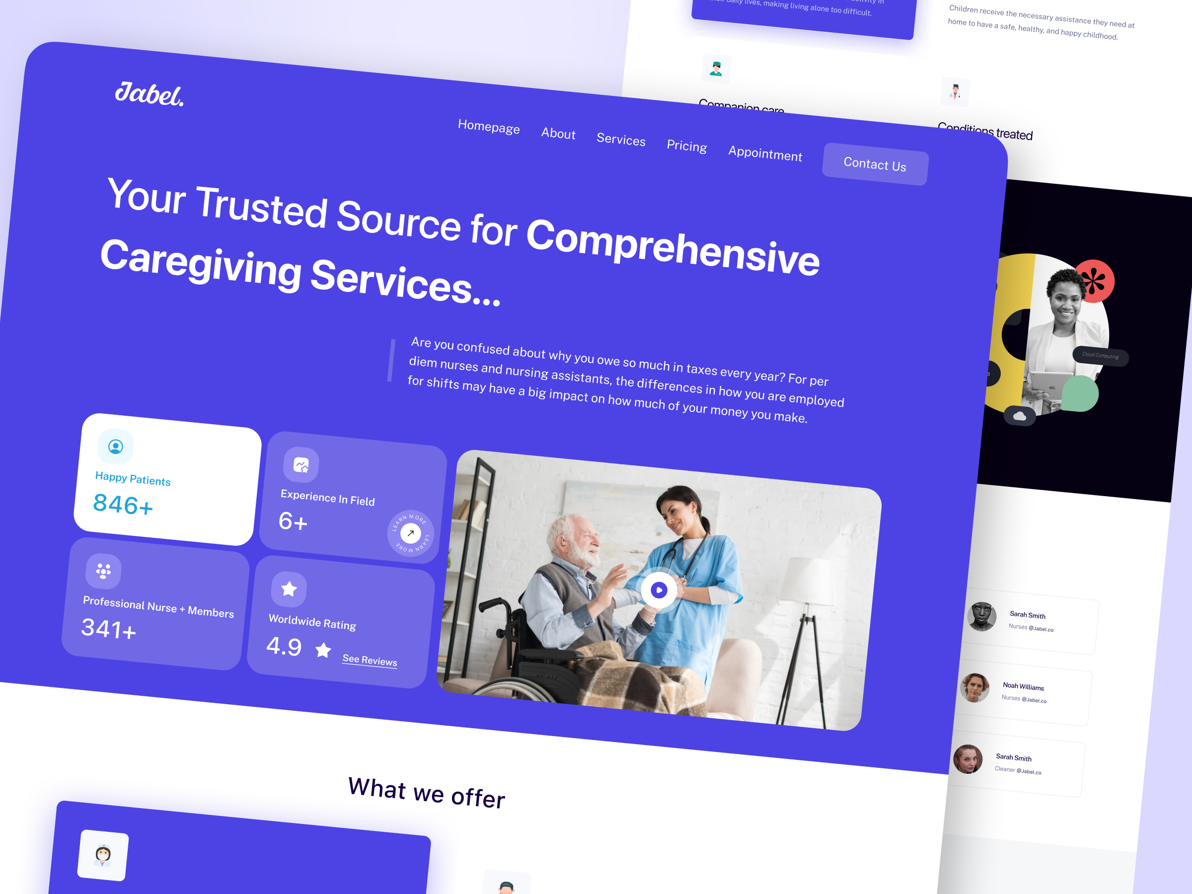 Caregiving Service Website Design – Healthcare & Nursing Website appointment website caregiver website clean medical interface digital health doctor appointment doctor consultation doctor nurse health saas web healthcare landing page healthcare ui home health care jabel medical webflow design medical website nursing service patient services pricing page