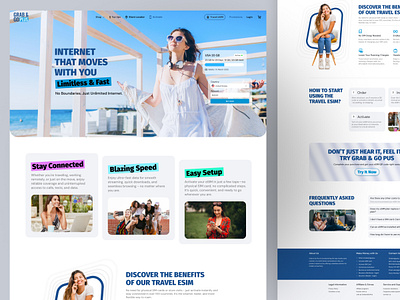 Grab & Go Plus - Travel eSIM Landing Page app design branding card design esim esim plan figma hospitality landing page landingpage mobile data mobile plan mockup sim sim plan telecom travel esim travel service ui webdesign