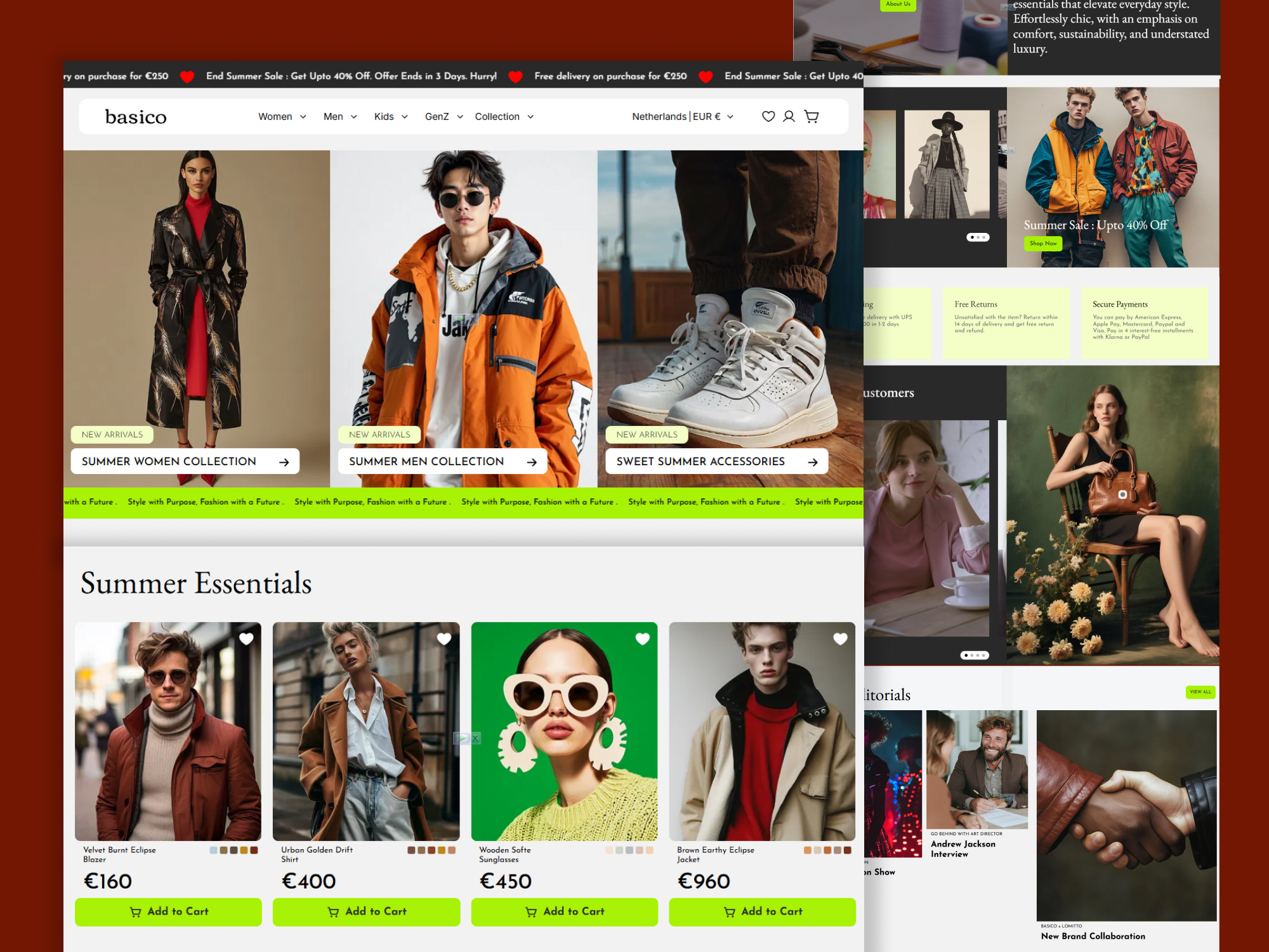 Basico Instant x Shopify Fashion Store clothing contemporary ecommerce fashion fashion ui footwear instant app landing page landing page design lime luxury store luxury website men minimal modern shoe shopify ui design website design woman