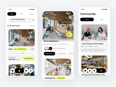 Coworking Space Finder App booking concept coworking coworking space finder mobile mobile app mordan ui rental app reservation space finder workspace