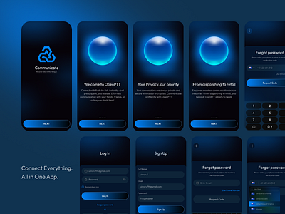 Communicate - Login, Sign Up and Forget Password app confirm email create an account forget password graphic design input field log in login mobile mobile app onboarding pop up registration saas sign in sign up signin signup splash screen ui