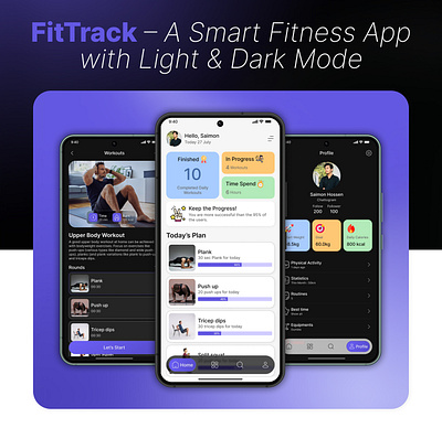 FitTrack – A Smart Fitness App with Light & Dark Mode app design figma mobile app design ui ui design uiux design user interface design