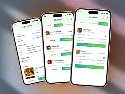 Modern - Grocery Mobile App - Order Complete,Cancelled,Details. cancelledscreen cancelui deliveryconfirmed deliverytracking ecommerceapp ecommerceux fooddeliveryapp foodsummary groceryapp grocerycheckout grocerydelivery mobileappdesign mobileui ordercancelled ordercomplete orderdetails productlist shoppingapp shoppingux uxdesign