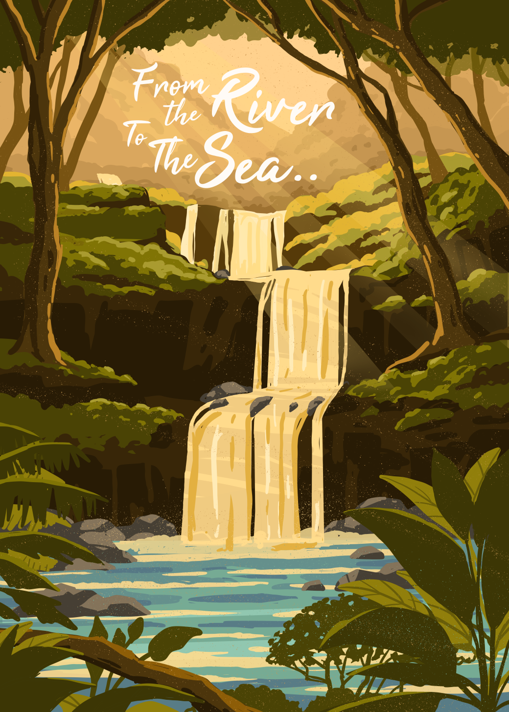 From The River To The Sea flow forest humanity illustration peace retro river sea sunset vintage water wild