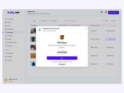 Shipment Modal UI Design for Kolaj button dashboard design digit input figma input link button modal product product design saas ui