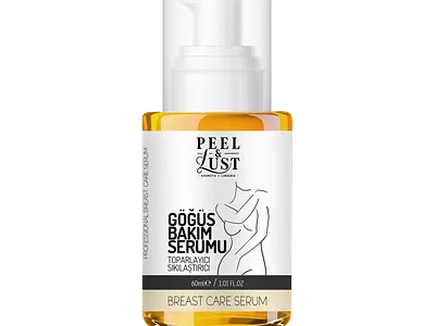 Peel&Lust Cosmetics "Breast Care Serum" product label design branding cosmetics design graphic design illustration post design vector