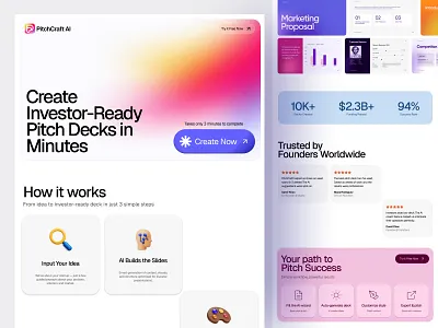 PitchCraft AI – Landing Page Design aero design ai product aiuz clean ui concept design landing page design mobile responsive pitch pitch deck design pitchdeck product ui sass landing page startup ui ui design uiux web design