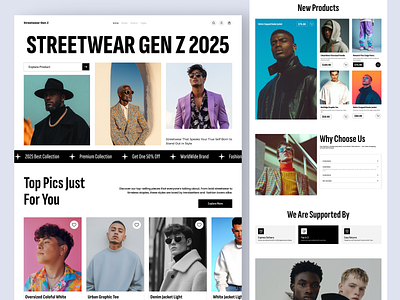 Streetwear Fashion Ecommerce Website Landing Page clothes e commerce ecommerce ecommerce design fashion fashion website genz homepage jacket jeans landing page marketplace minimalist design modern online shop product cart shirt shop shopify template website design