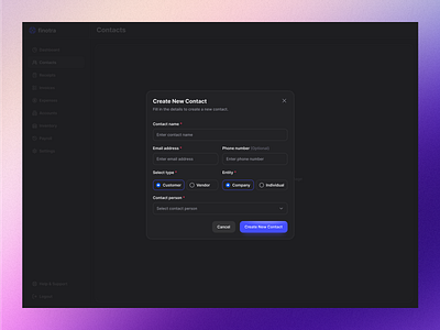 Fintora – Create New Contact Modal UI app application best dark mode design modal modern nav saas side menu top ui ux web website