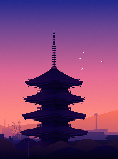 Minimalist Dawn art illustration artistic creation bird cloud design digital art digital illustration draw illustration japan mountain night painting purple sky tower tree vector illustration village wallpaper