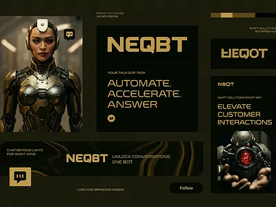 NEQBT – Futuristic Chatbot Branding for Swift Automation ai assistant branding ai branding armored robot branding business automation chatbot design creative customer automation dark ui design futuristic chatbot gold accents graphic design illustration logo neqbt typography ui ux