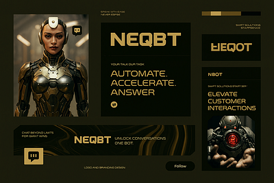 NEQBT – Futuristic Chatbot Branding for Swift Automation ai assistant branding ai branding armored robot branding business automation chatbot design creative customer automation dark ui design futuristic chatbot gold accents graphic design illustration logo neqbt typography ui ux