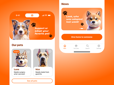 Animal charity app "Paws" ai app application charity ios pet ui