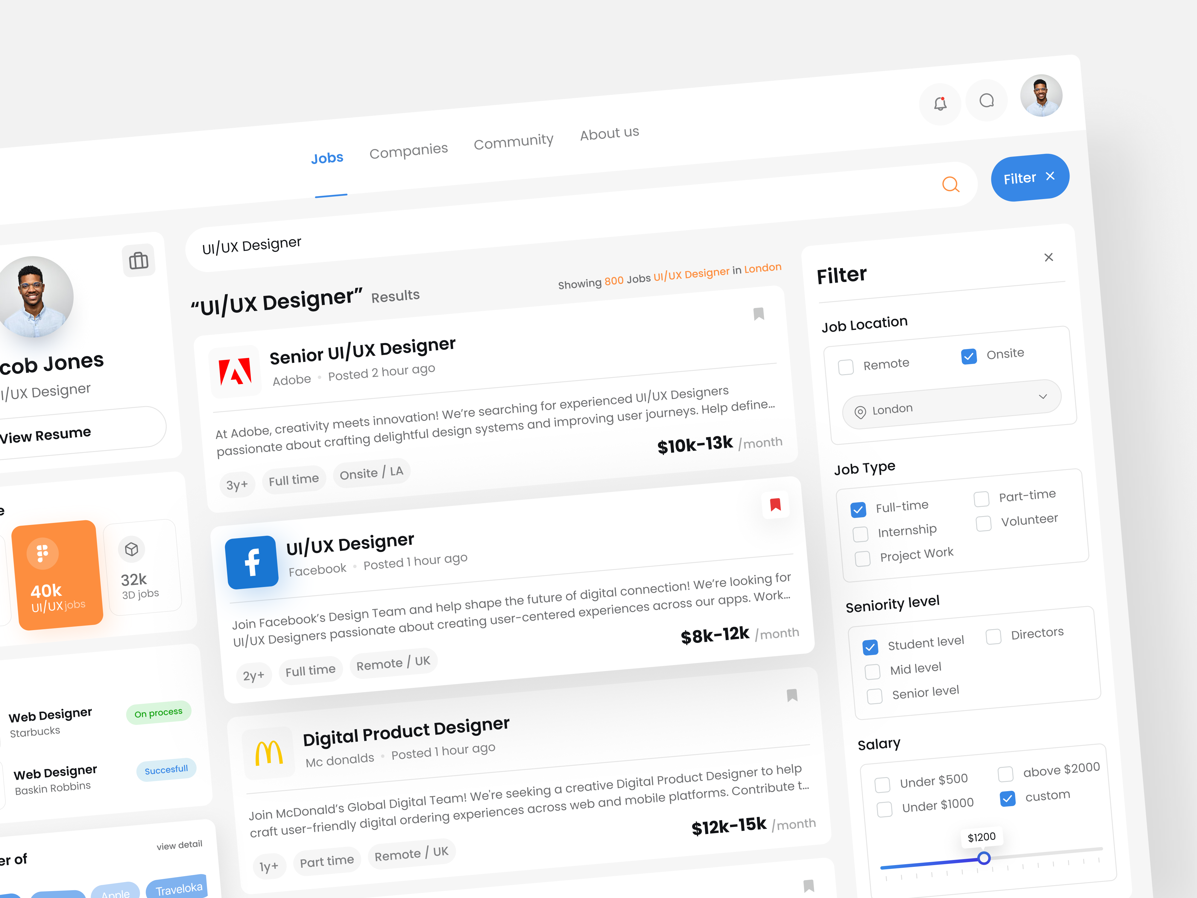 Jobs.co - Job Finder Platform Dashboard dashboard design yow find job hiring dashboard hiring platform job job application job board job finder job finder dashboard job listing job platform job portal job search job seeker job vacancy recruitment recruitment website saas dashboard vacancy